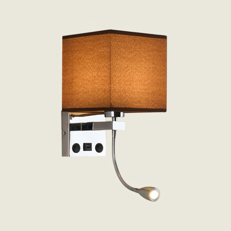 Modern Metal Wall Sconce Square Shape Wall Light with Fabric Shade for Bedroom