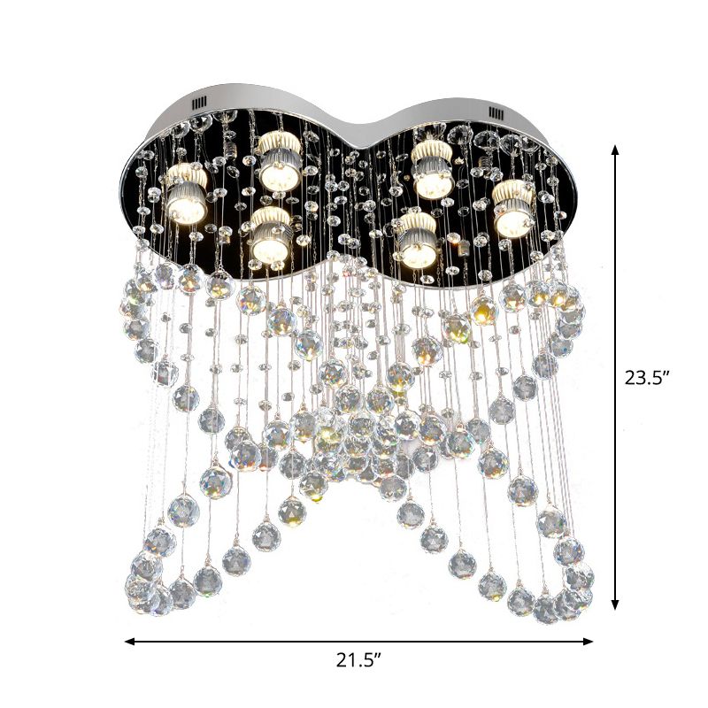 6-Light Crystal Orb Flush Mount Moderne Roestvrij staal Vlinder Slaapkamer Plafond Lamp