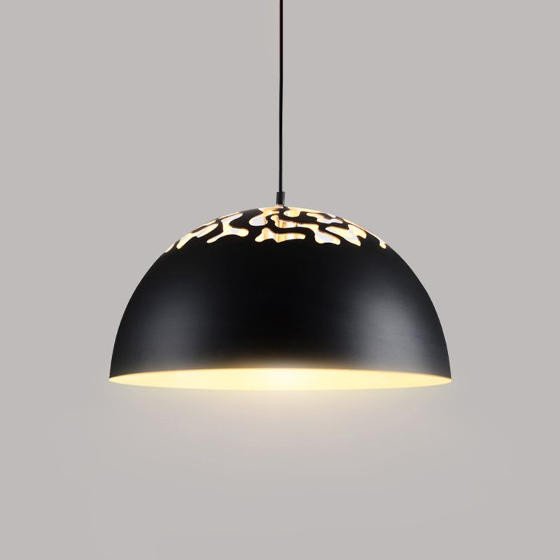 Nordic Dome Ceiling Hang Light 14"/16" Wide 1-Light Iron Pendant Lamp with Hollowed out Top in Black/White