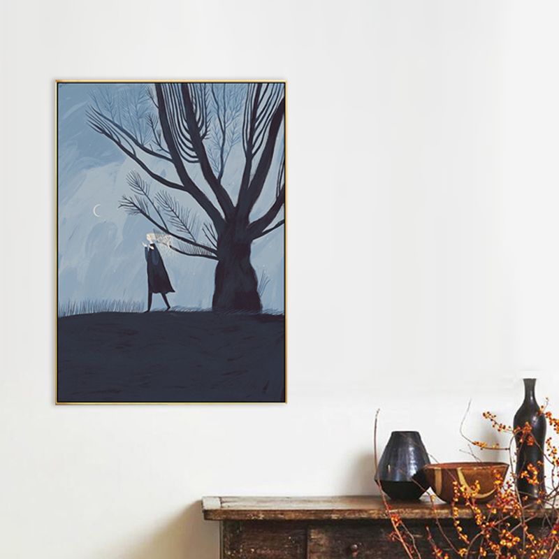 Girls Night Walk Alone Canvas Art Kids Style Textured Wall Decor in Dark Color for Bedroom