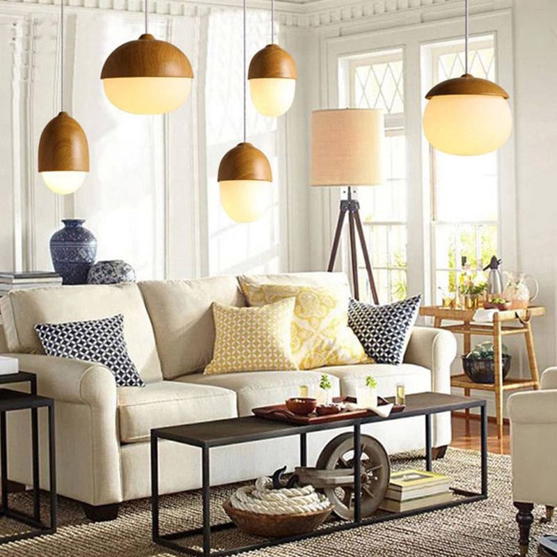 Wood Spherical Pendant Ceiling Light Simplicity Style Hanging Pendant Light in White