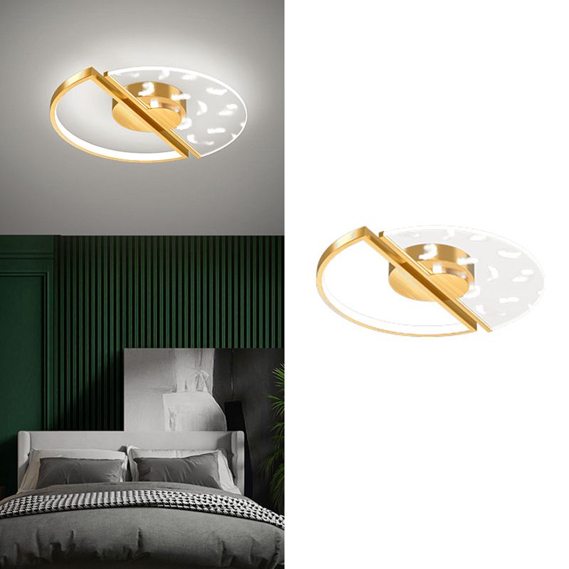 Gold Feather LED Flush Mount in Modern Creative Style Iron Circular Ceiling Light with Acrylic Shade
