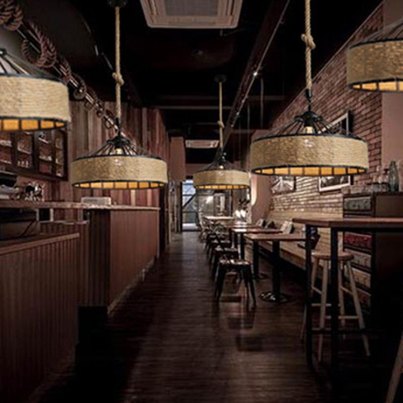 Touw linnen 1 licht hanger lamptrommel vintage loft plafond armatuur voor bar