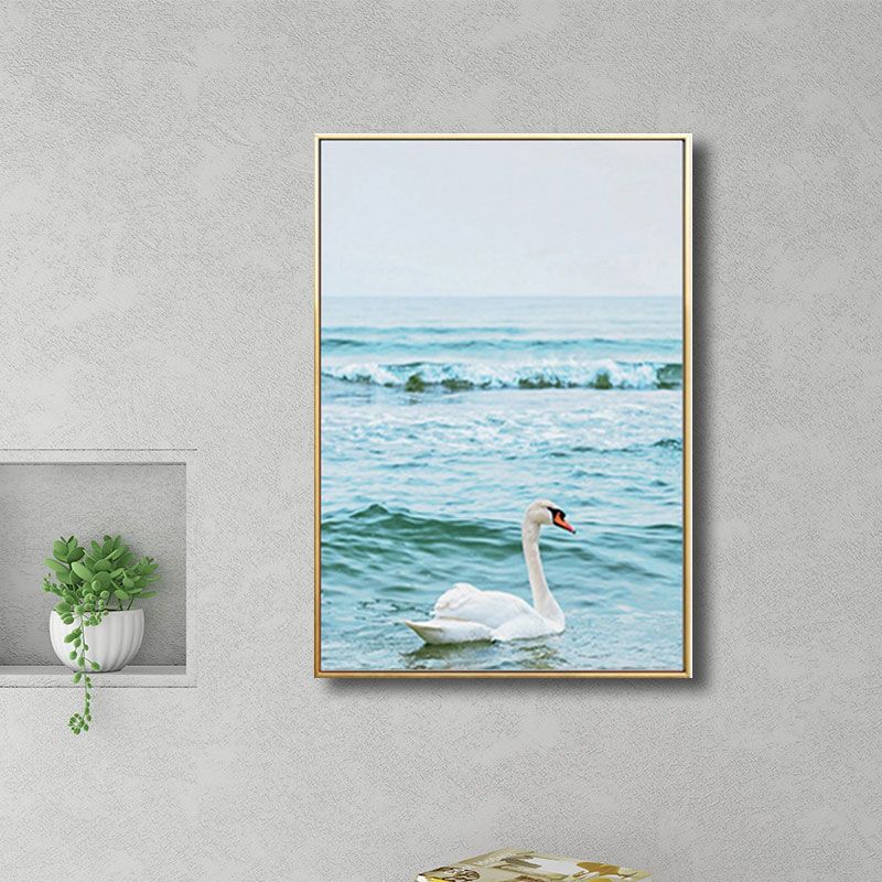 Swan Canvas Print Minimalism Relaxing Sea Wall Art Decor in Blue, Multiple Size Options