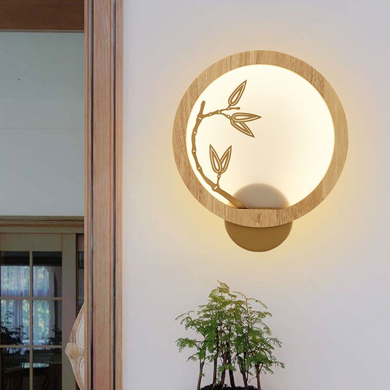 Zwart/beige bamboe blad muurschildering lamp Chinese stijl houten led wandmontage verlichtingsbeveiliging voor slaapkamer