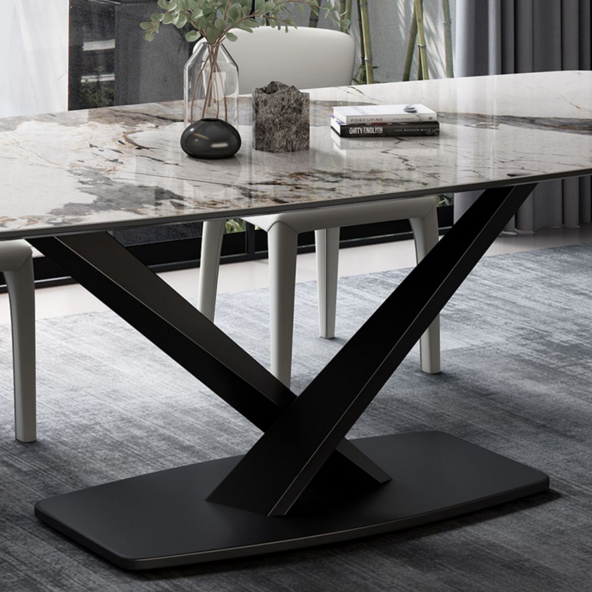 Modern Rectangular White Top Dining Table with Black Metal X-Base