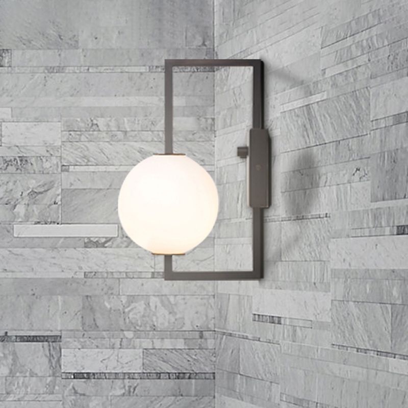 Marco rectangular negro aplique moderno estilo 1 bulbo iluminación de pared de metal con tono de orbe de vidrio blanco