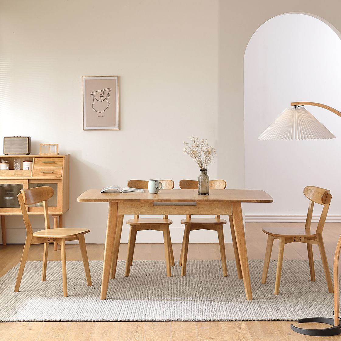 Extendable Rectangle Dining Table for Restaurant Modern Oak Wood Table with 4 Legs