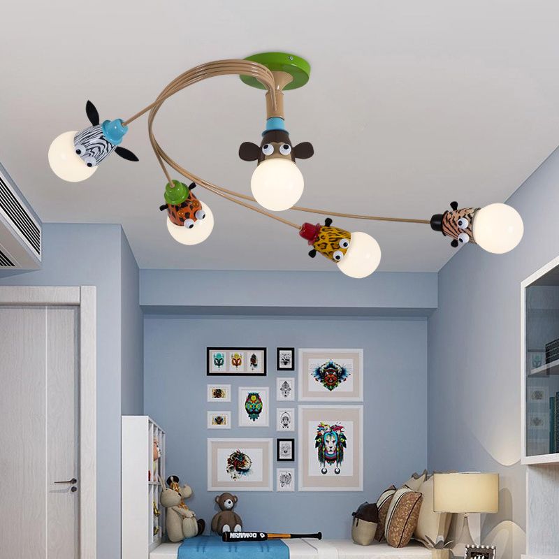Cartoon Curred Cosil Hang Fixture Bedroomet Metal Semi Flush Mount Light in Coffee