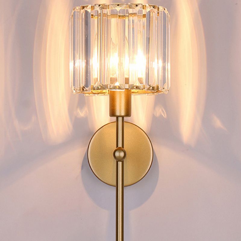 Modern Metal Wall Sconce Cylinder Shape Vanity Lamp with Crystal Shade for Bathroom
