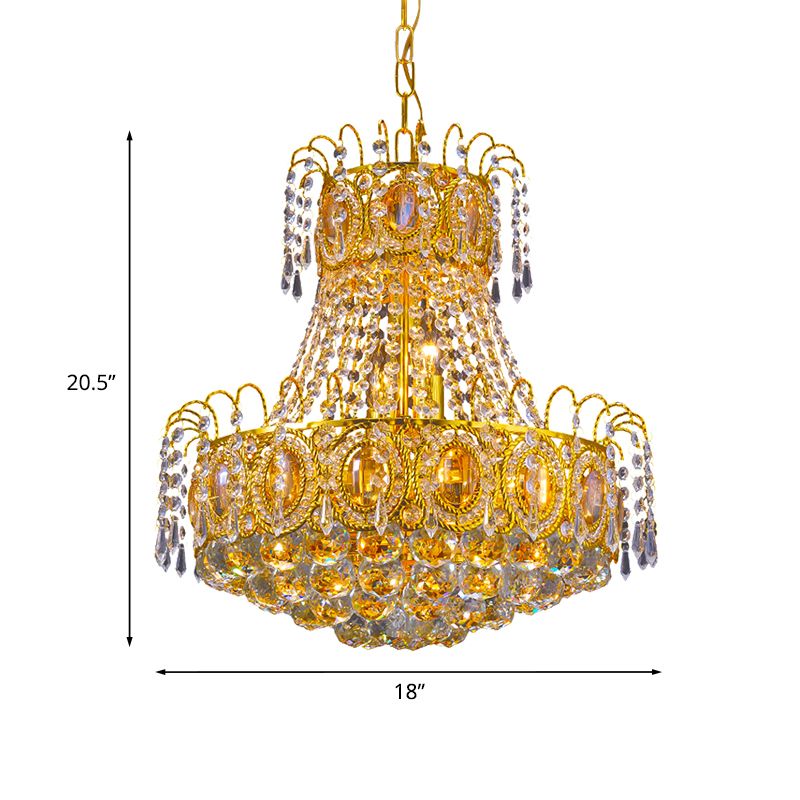 Vintage Basket Pendant Lamp 8 Heads Crystal Strand Chandelier Lighting in Gold for Lobby