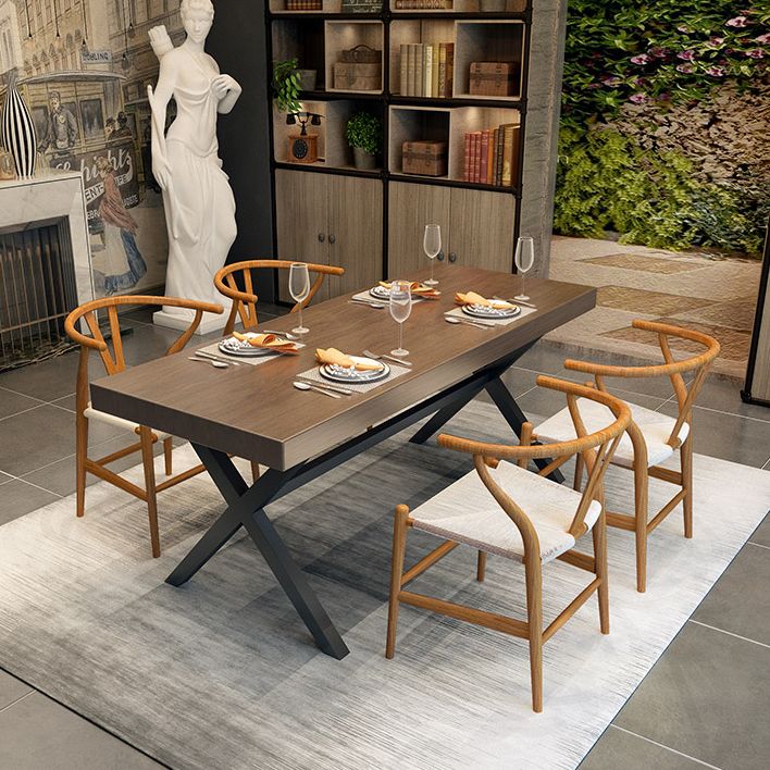Industrial Style Solid Wood Dining Table Metallic Trestle Base Rectangle Table for Home