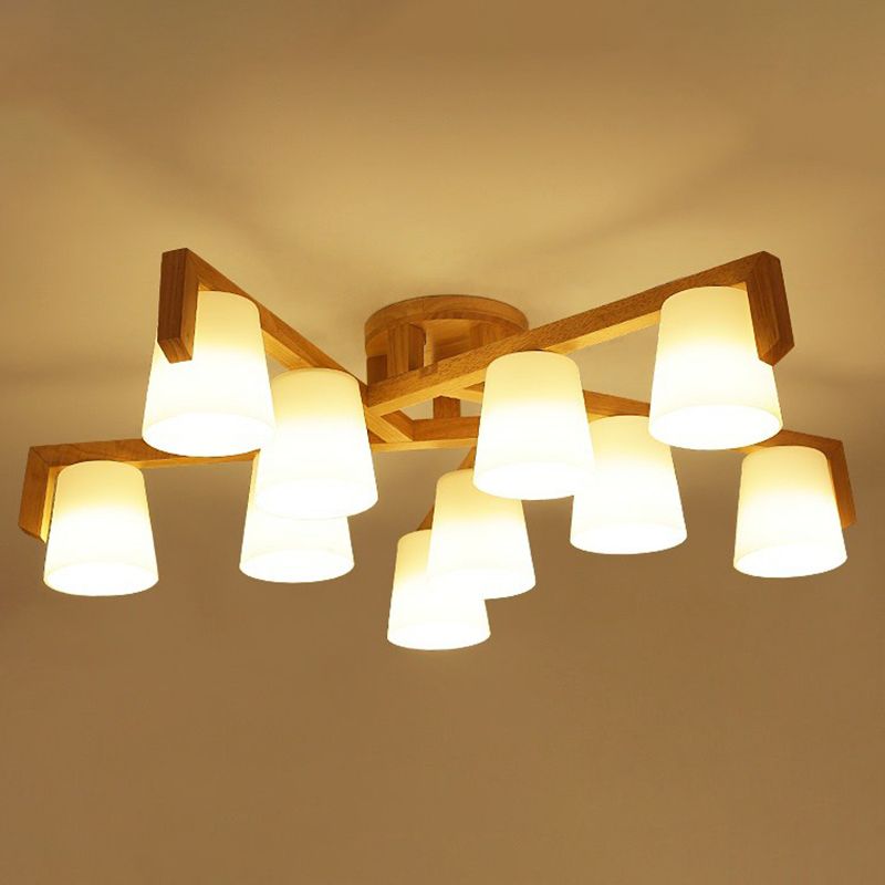 Ivory Glass Conical Ceiling Suspension Lamp Minimalist Wood Chandelier for Bedroom