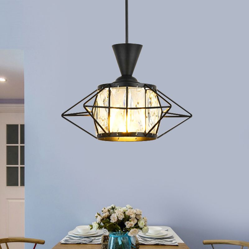 Wire Cage Hanging Pendant Light Modern Metal 1 Light Dining Room Ceiling Lamp in Black/Gold with Drum Crystal Shade