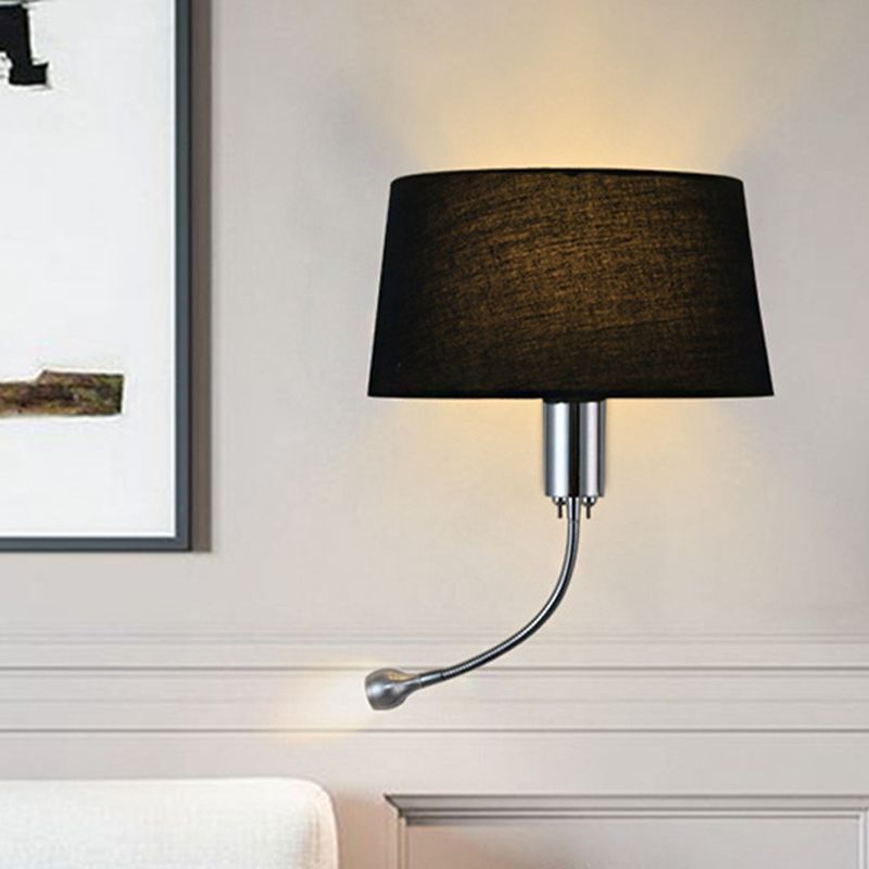 Black/White/Beige Drum Reading Wall Sconce Traditional Fabric 1 Head Bedroom Adjustable Wall Mounted Light