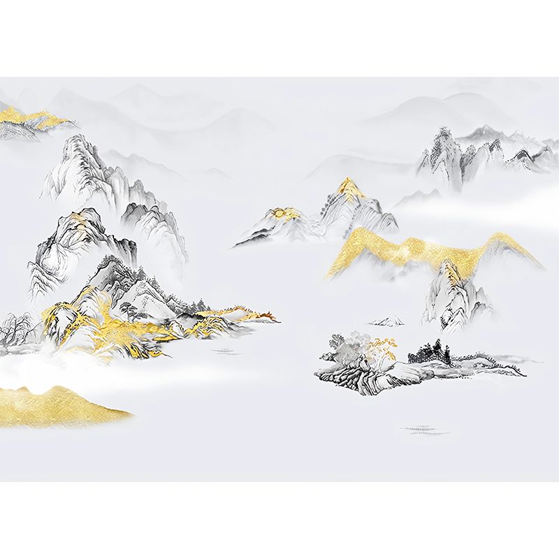 Large Asia Inspired Wall Art Grey and Gold Mountain Wall Mural, Custom Size Available