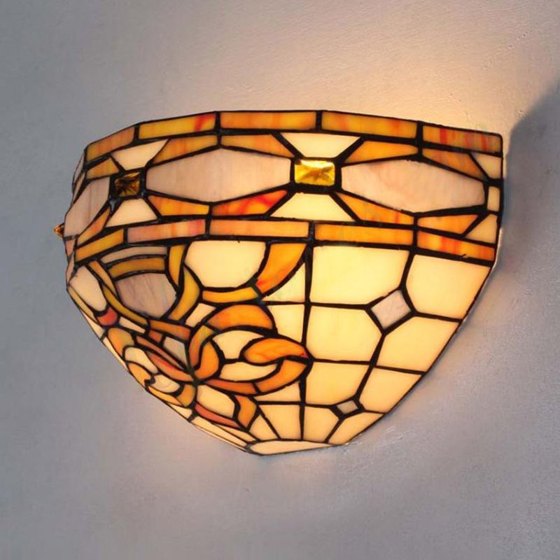 Baroque Bowl Wall Sconce Stained Glass 1 Head Wall Mount Light in Purple and Yellow for Staircase