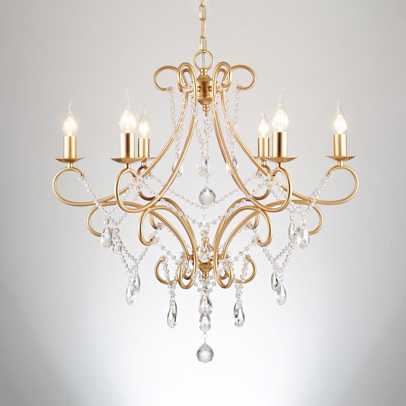 Gold Candle Style Scroll Arm Chandelier Victorian Crystal 5/6-Bulb Dining Room Ceiling Pendant Light