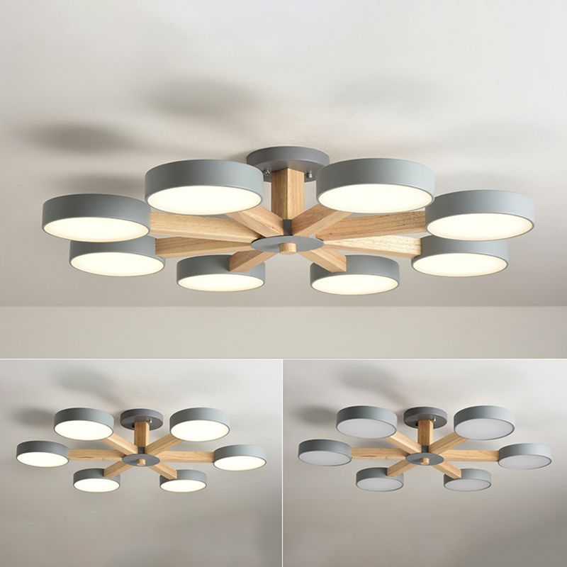 Wooden LED Macaron Ceiling Light in Modern Simplicity Iron Radial Ceiling Fixture with Acrylic Shade