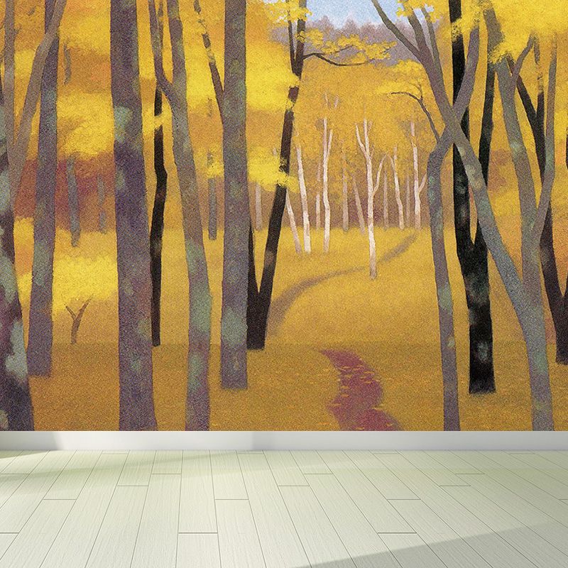 Modern Autumn Wood Mural Wallpaper Non-Woven Texture Waterproofing Yellow Wall Art for Bedroom