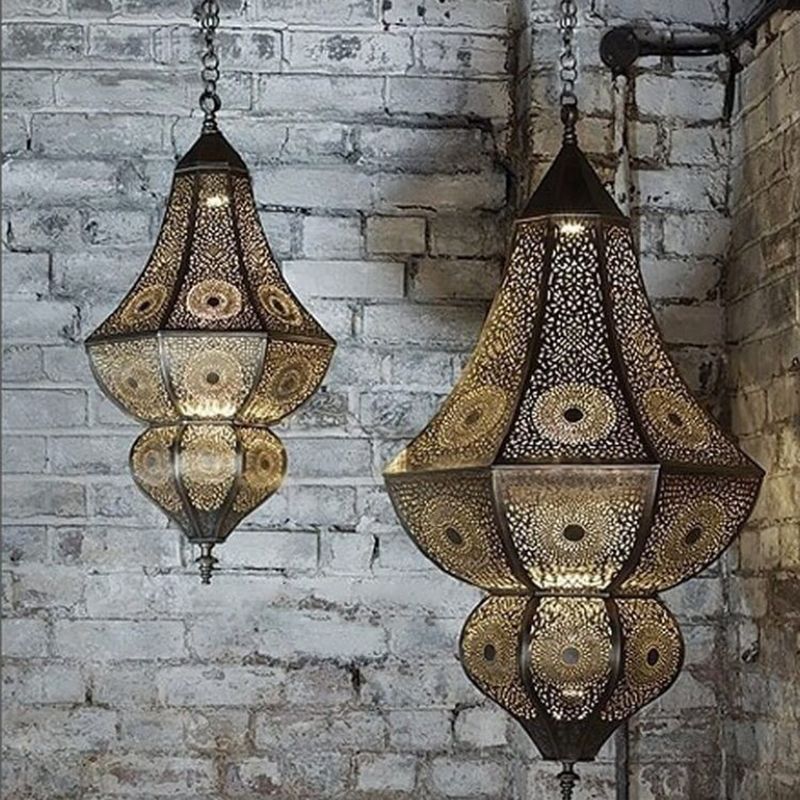 5 Lights Urn Pendant Chandelier Vintage Brass Metal Arab Hanging Lamp with Hollow Out Design