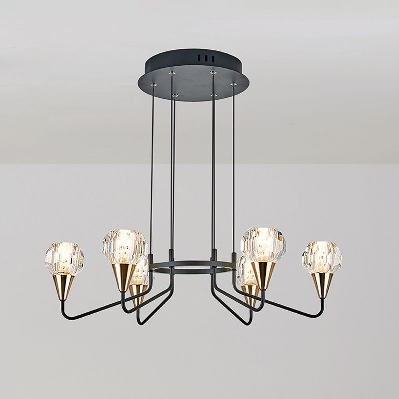 6/8 Glühbirnen Wohnzimmer Suspension Licht Minimalismus Schwarzer Kronleuchter mit runden Facettenkristallschatten