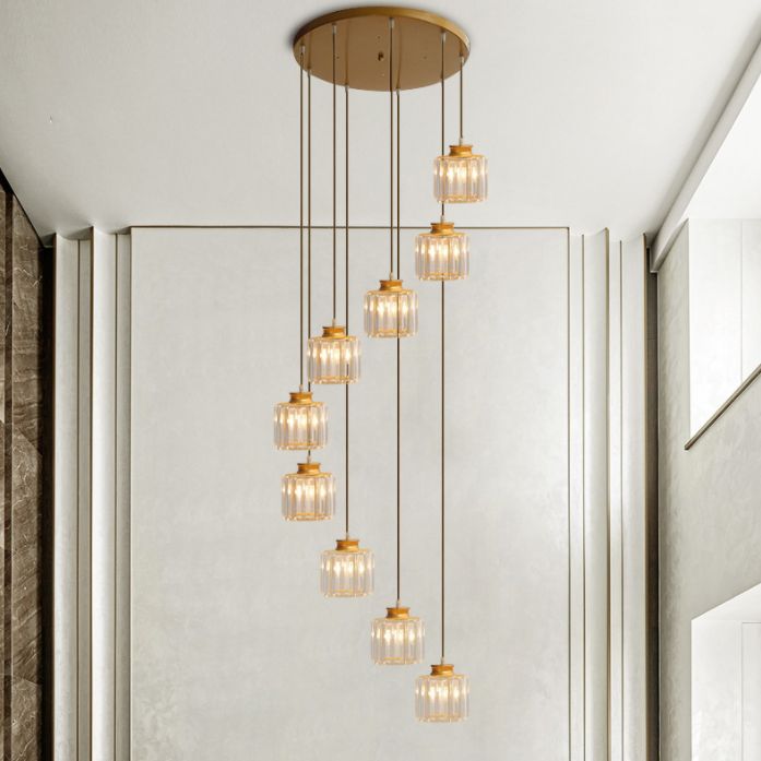 Gold Stairway Cluster Pendant Light in Modern Luxury Style Wrought Iron Hanging Light with Crystal Shade