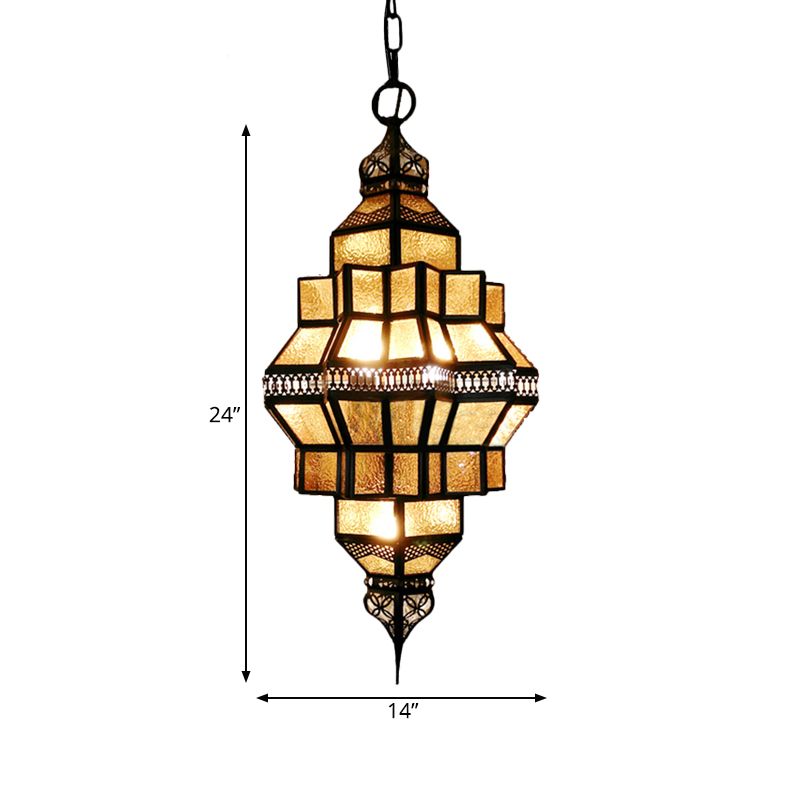 4-Light Hanging Lamp Decorative Restaurant Chandelier with Lantern Amber Glass Shade in Gold