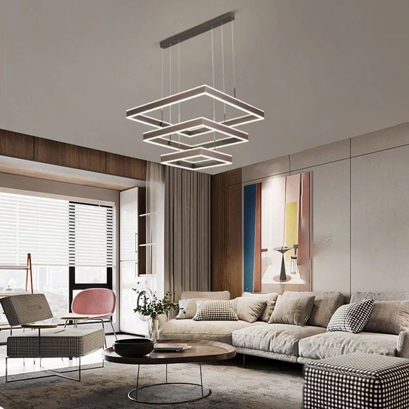 Minimalist Square Suspension Lamp Metal Multi-Layered LED Chandelier for Living Room