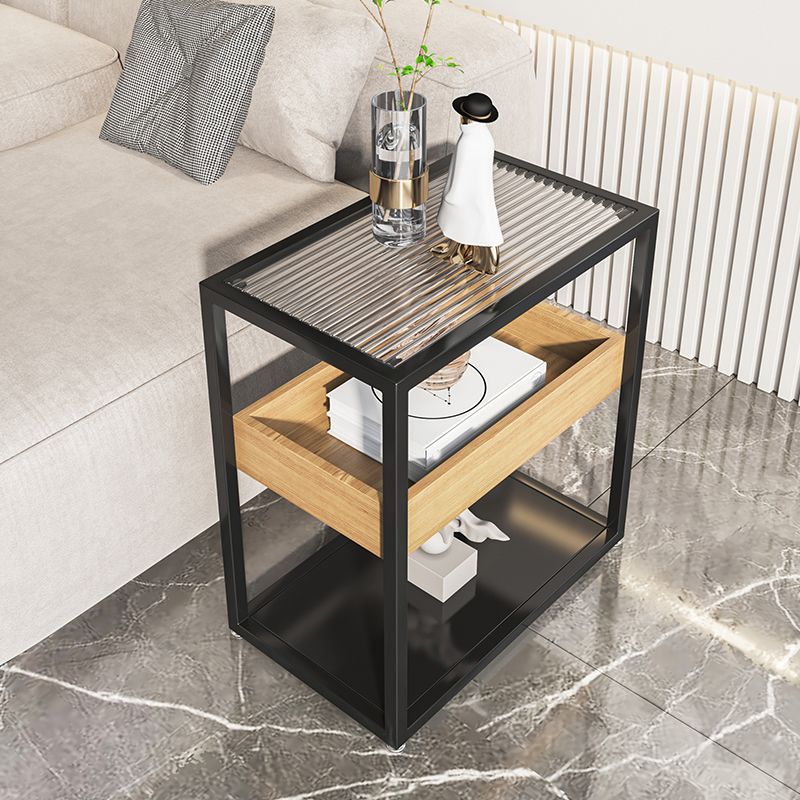 Glass Top Sofa Side Accent Table 21.25" High Frame End Table with Shelves