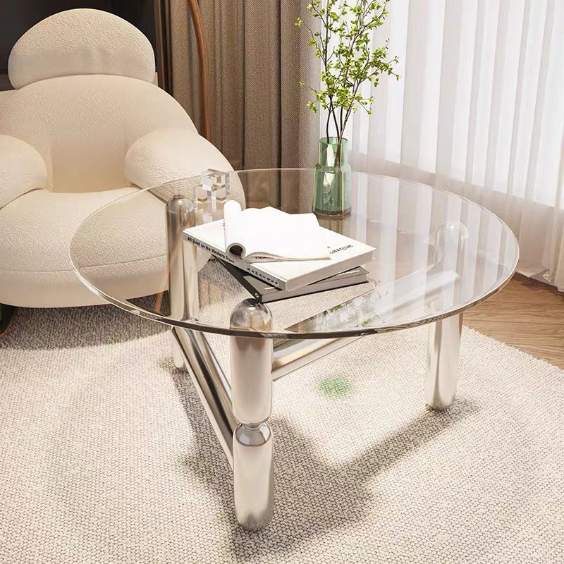 Round Glass Coffee Cocktail Table Steel 3 Legs 1 Single Coffee Table