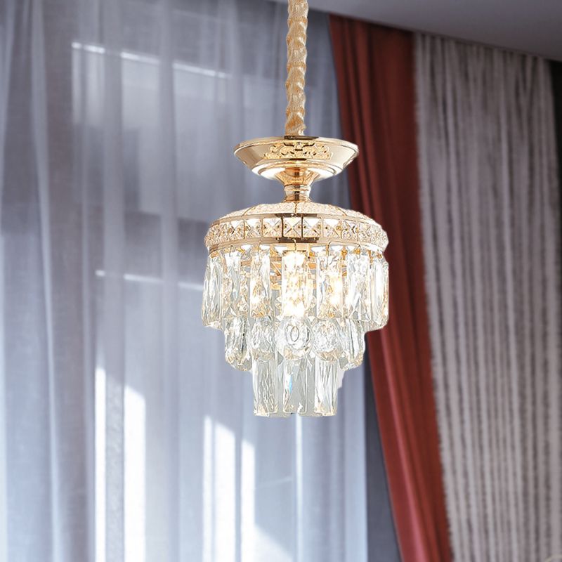 Crystal Lotus/Tiered Pendulum Light Traditional 1 Bulb Dining Room Suspension Pendant in Gold