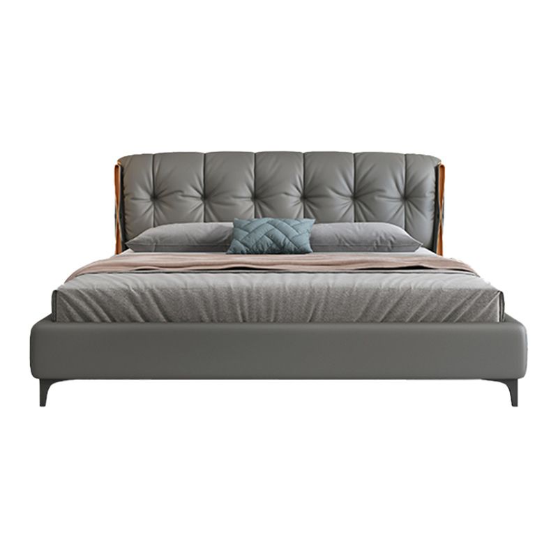 Contemporary Grey Standard Bed with Upholstered Headboard in Solid Wood