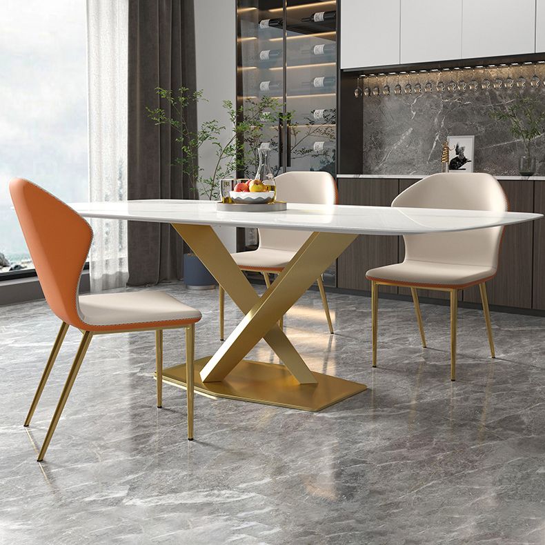 Tavolo da pranzo rettangolare contemporaneo in metallo tavolo in pietra sinterita con base di piedistallo