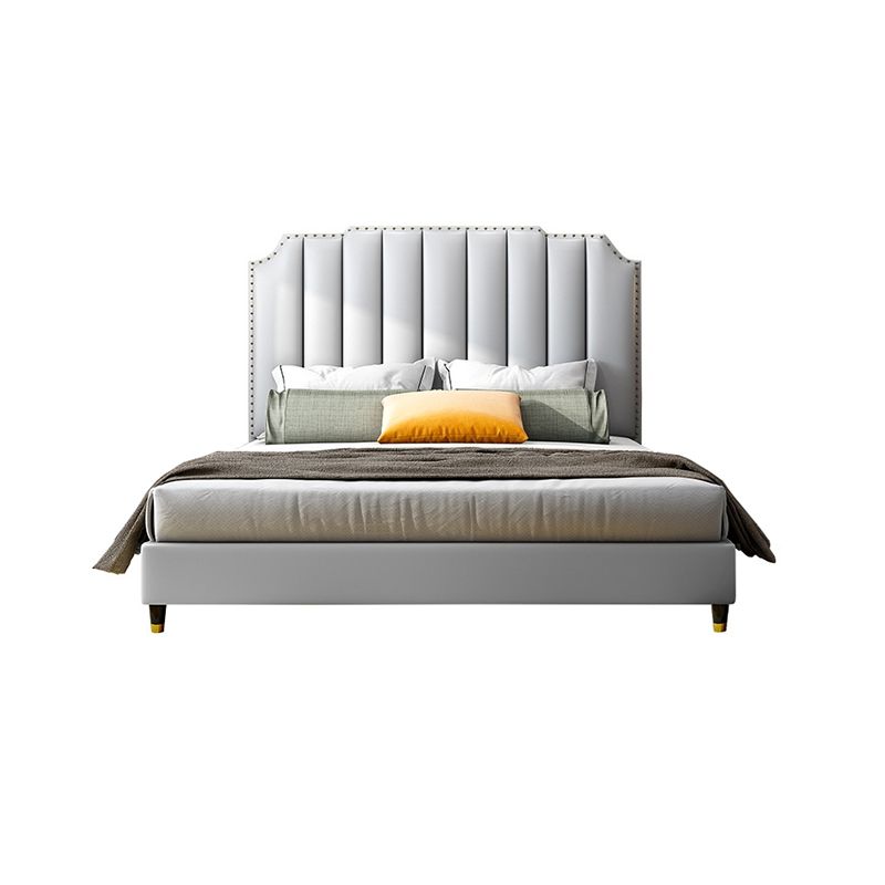 Contemporary Faux Leather Panel Standard Bed, Slat Rectangular Beveled Headboard Bed