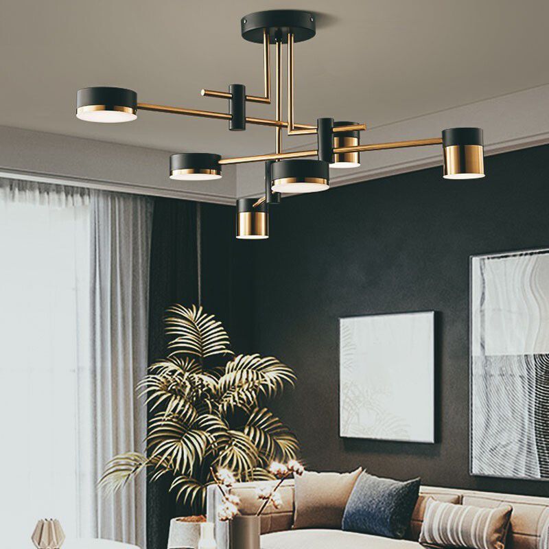 Modern Metal Radial Hanging Chandelier Light Drum Shade LED Suspension Light in Black for Living Room