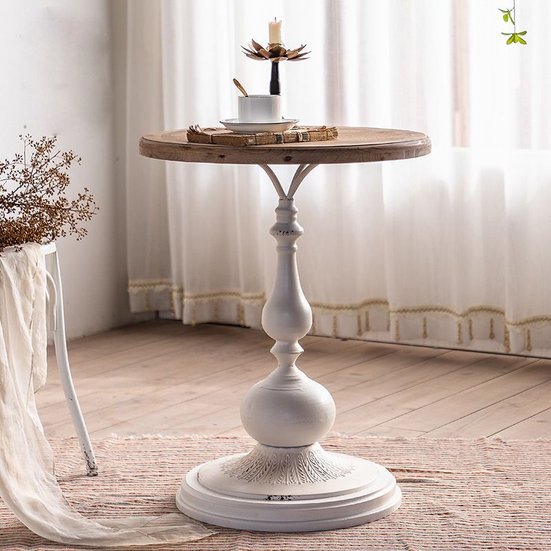 Wood Round Top Side Table Distressed Iron Pedestal End Table