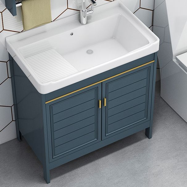 Blue Bath Vanity Single Sink Freestanding Metal Frame Mirror Vanity with Soft Close Doors