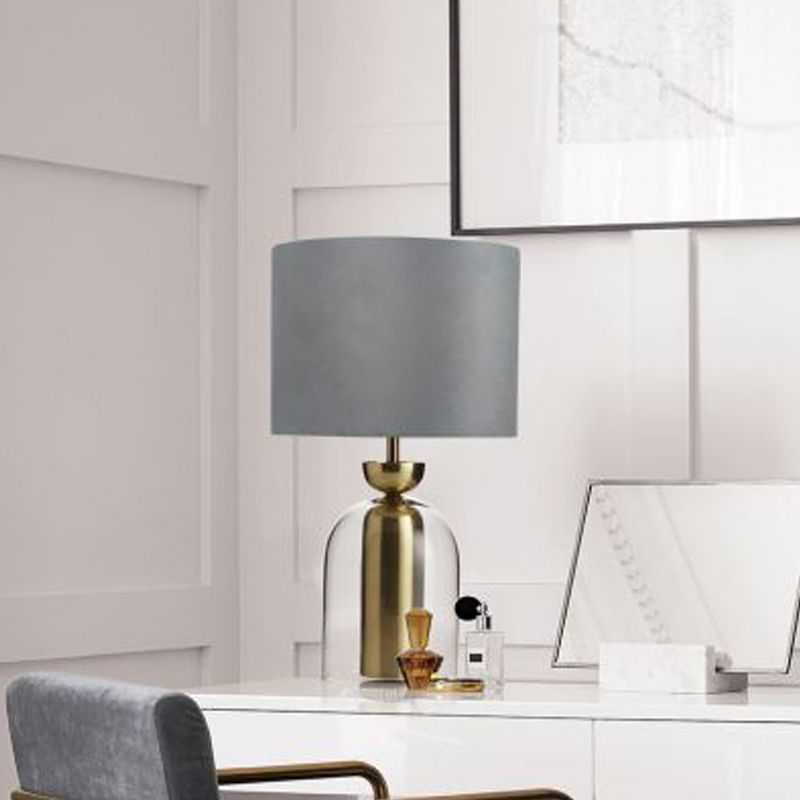 Gold Bell Table Light Contemporary 1 Bulb Clear Glass Desk Lamp with Grey Fabric Shade for Bedside