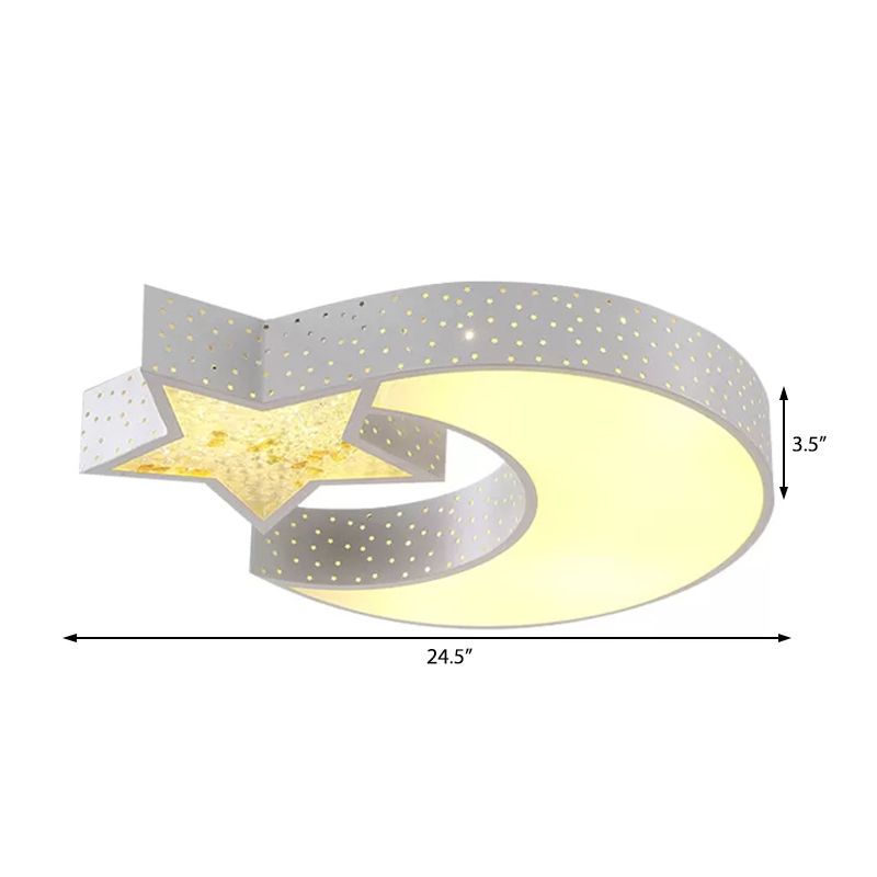 Kids White Ceiling Light Hollow Star Moon Acrylic LED Flush Mount Light for Study Room