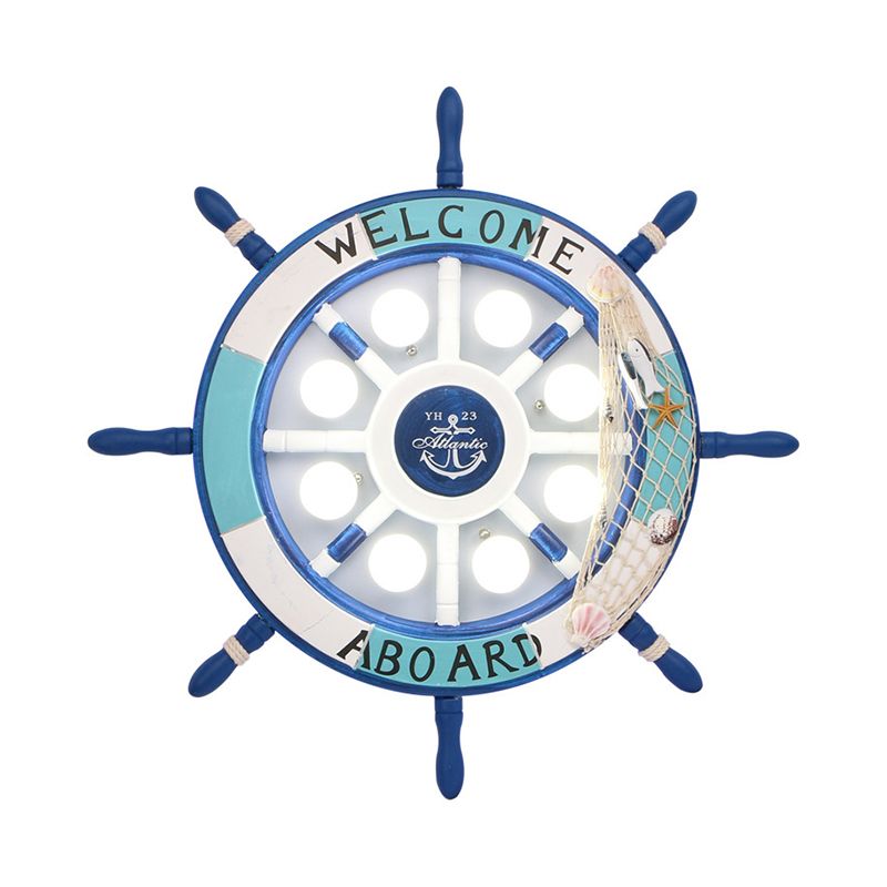 Wooden Ship Rudder Ceiling Lamp Kids 8-Bulb White/Pink/Blue LED Semi Flush Mount Light in White/3 Color Light