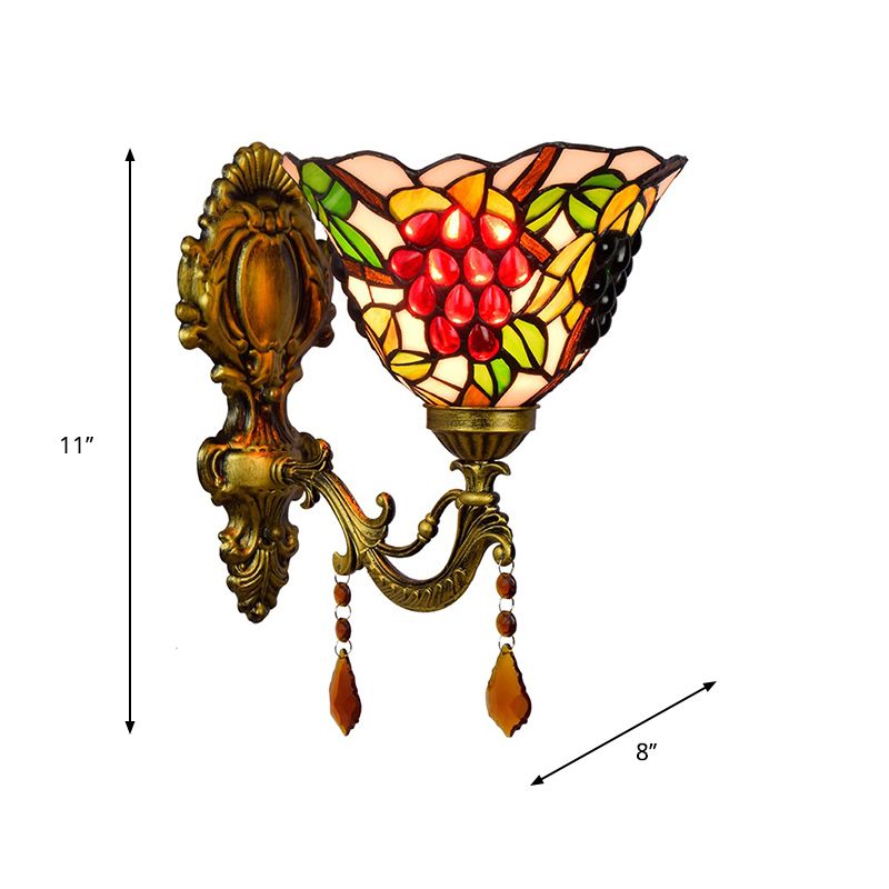 Single-Bulb Wall Sconce Tiffany Flared Stained Glass Wall Mount Light with Grapes Pattern in Brass
