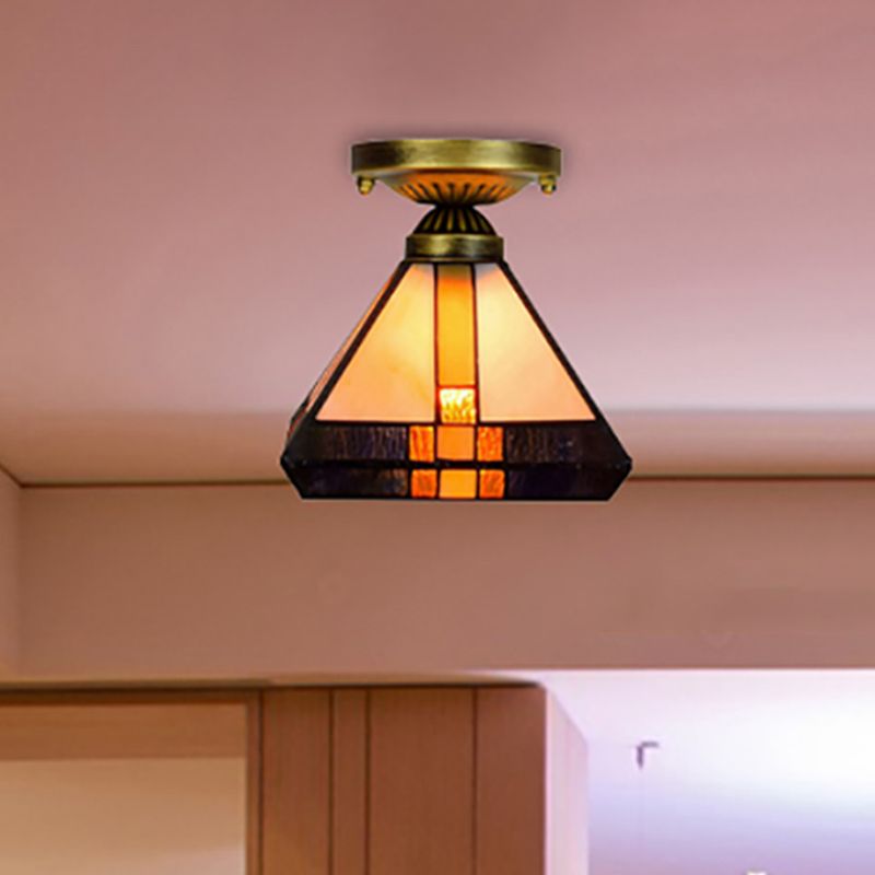 Plafonnier vintage Tiffany Craftsman à 1 lumière en verre teinté en noir/laiton antique pour couloir