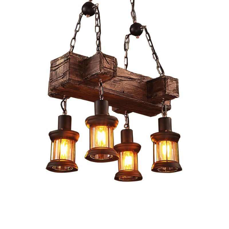 Lantern Clear Glass Hanging Pendant Coastal 4-Light Dining Room Island Light Fixture in Brown with Wood Deco