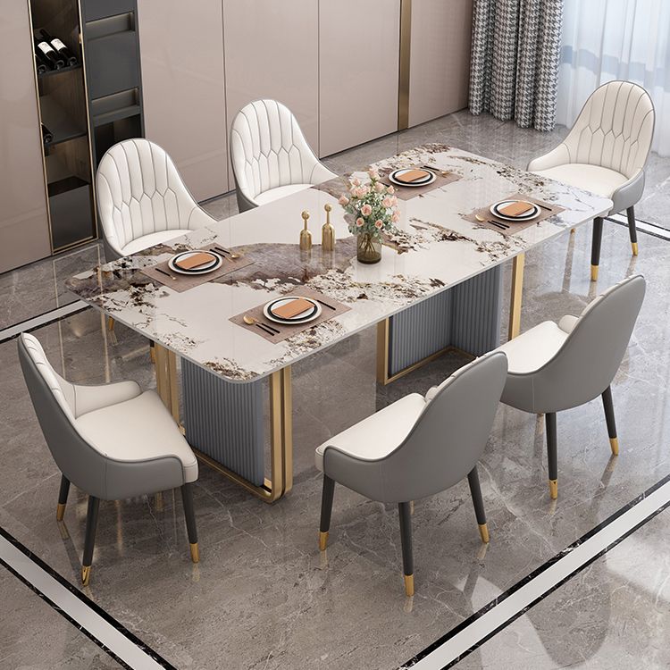 Sintered Stone Top Dining Table in White Modern Kitchen Table with Double Pedestal