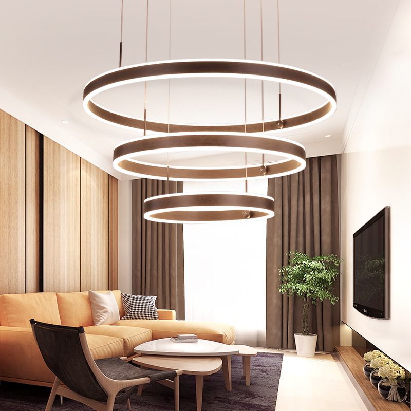 Circle LED Pendant Lighting Minimalistic Acrylic Living Room Chandelier in Coffee