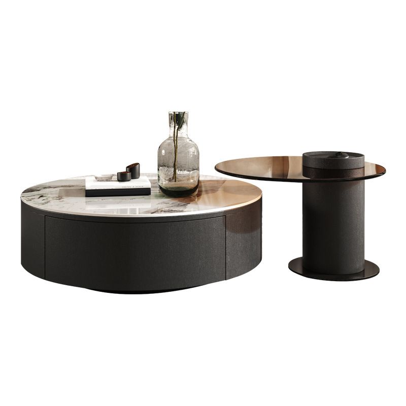 Modern Style Slate Grey/white Top Black Wood Base Round Coffee Table