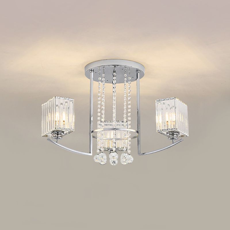 Quader Great Room halb Flush Kristall klares Kristall 3 Lichter moderne Deckenlampe mit Strängen -Deco in Chrom