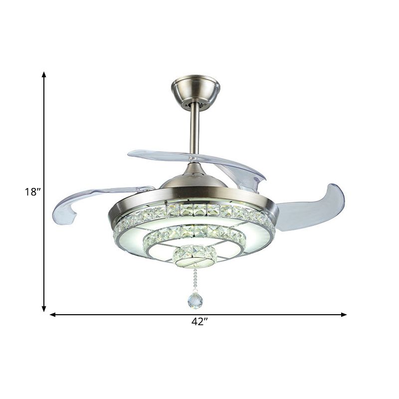 LED abgestufte runde Deckenventilator Leicht zeitgenössische Nickelkristalle 4-Blade Semi Flush Mount, 19 "breit