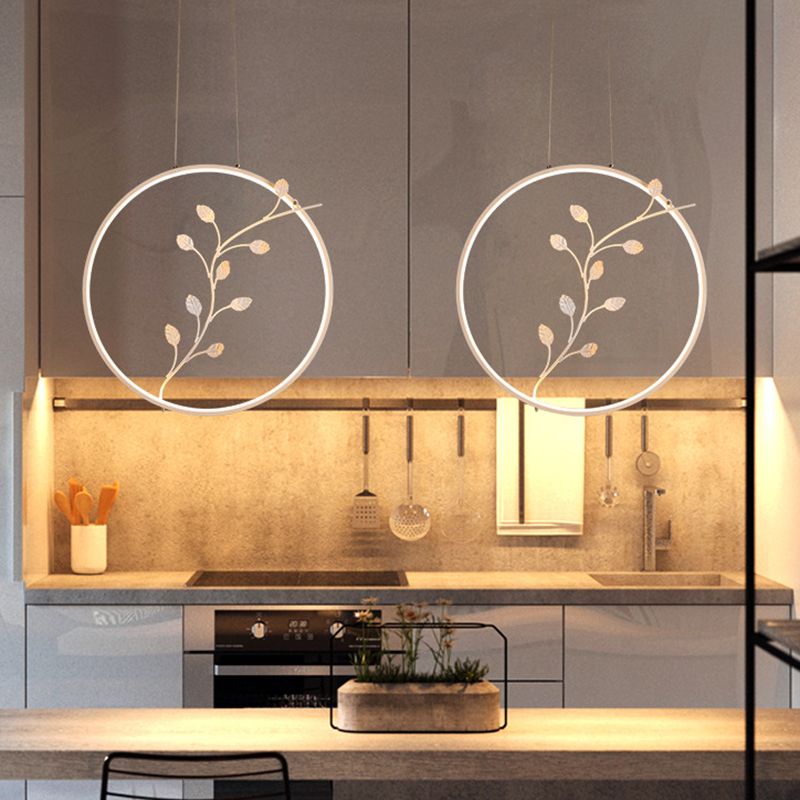 Ring Acrylic Hanging Light Minimalist LED White Suspension Lamp with Branch Deco in Warm/White Light
